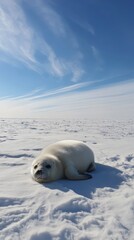 Cute Harbor Seal Resting on Snowy Surface Under Clear Blue Sky