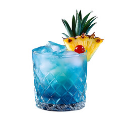 Refreshing Blue Lagoon Cocktail Pineapple Garnish Ice Cubes icy bar cold menu food high drink ocean