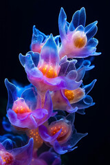 Obraz premium A close up of a group of purple and blue sea anemones on a black background