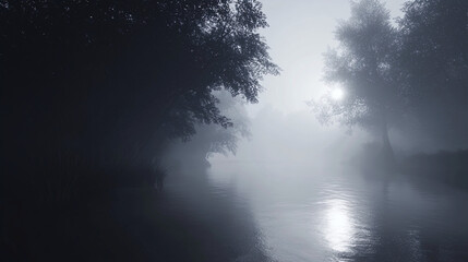 Fototapeta premium Dark forest bordering a reflective misty river