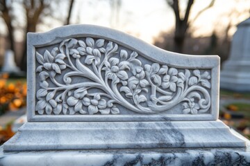 Floral ornaments carved on a white marble tombstone in a cemetery