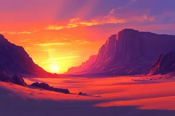 Fototapete Vibrant sunset casting orange hues over a desert landscape with majestic purple mountains. © Vibu design  gallery