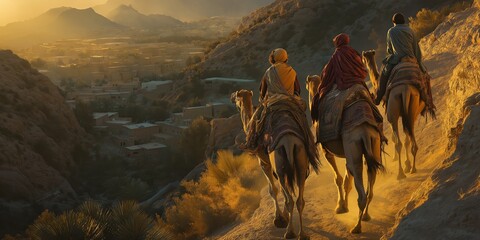 Fototapeta premium Journeys Through Mountains: Jacob, Rachel, and Leah's Camel Trek with Their Sons