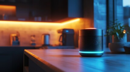 Naklejka premium Smart Speaker on Kitchen Counter with Warm and Cool Lighting