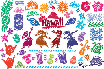 Traditional Hawaiian Symbols, colorful elements Set