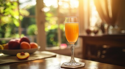 A classic Bellini cocktail served in a champagne flute, placed on a wooden table in a bright dining room with warm natural light.