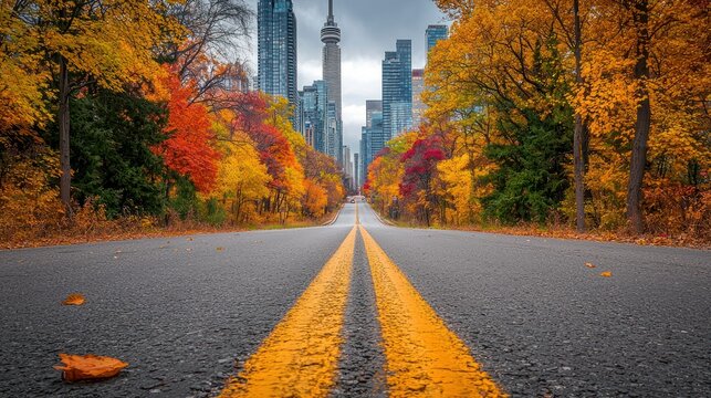 Autumn road, city skyline, fall foliage, urban park, travel photography