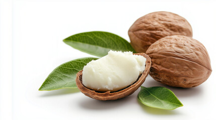 Split shea nuts showing their creamy interior with fresh shea leaves, arranged on a white background.