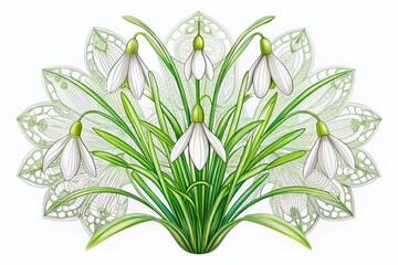 Obraz premium Ornate Black Outline Snowdrop Bouquet, Floral Illustration, Galanthus Design, Botanical Art, White Background