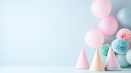 Pastel party balloons and hats on blue background