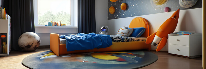 Minimalist interior design of modern space-themed kids bedroom with rocket bed
