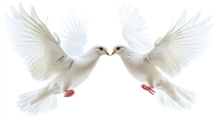 Fototapeta premium Two white doves flying face to face as a symbol for love and wedding, isolated on a white background.