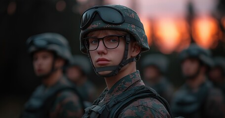 Fototapeta premium Soldiers stand in formation, displaying tension and focus during a military crisis as dusk sets in the background