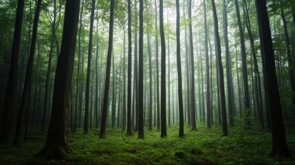 Obraz premium Misty forest, tall trees, tranquil atmosphere, nature, peaceful, woodland, exploration, possible use for background