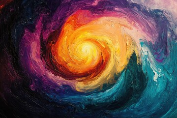 Abstract swirling vortex of vibrant colors, fiery orange core, and deep blues and purples.