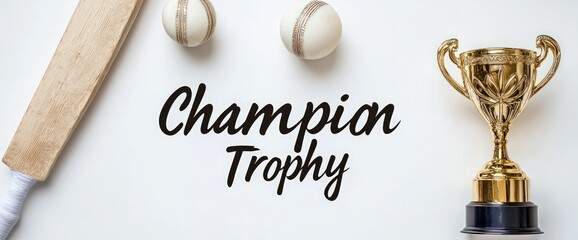 "Champion Trophy" text with cricket bat, ball, and golden trophy on white background