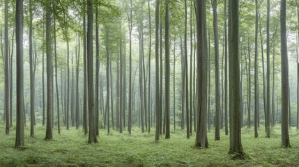 Obraz premium Misty Forest Trunks, Nature Scene, Calm Forest, Tranquil Woods, Peaceful Landscape