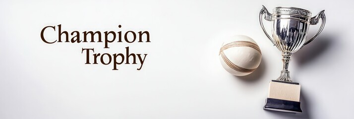 "Champion Trophy" written with bat, ball, and trophy in front of white background