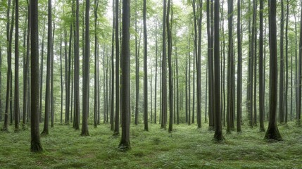 Fototapeta premium Misty forest with tall trees, tranquil atmosphere, possible use for nature wallpaper