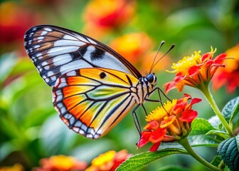 Fototapeta premium Painted Jezebel Butterfly Macro Photography: Delias hyparete Resting on Leaf in Flower Garden