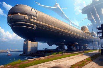 ゲーム背景　スチームパンク世界の飛行場風景	
