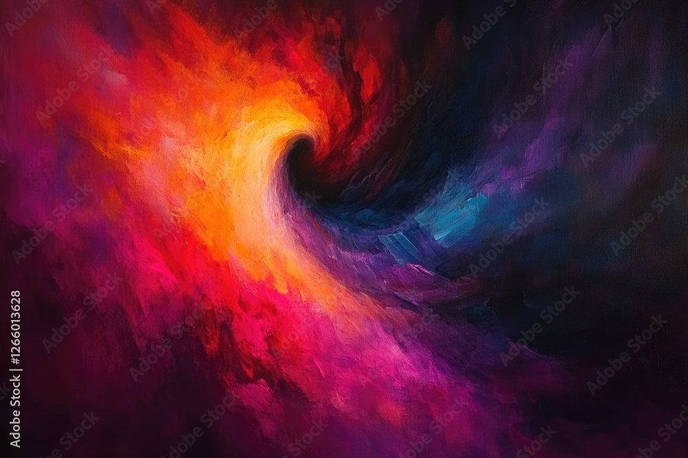 Poster abstract swirling vortex of vibrant hues, fiery oranges merging into deep purples and blues, creatin