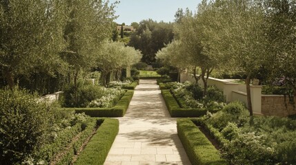 Fototapeta premium Picturesque Garden Pathway, Sunny Mediterranean Landscape, Ideal for Relaxation, Stock Photography