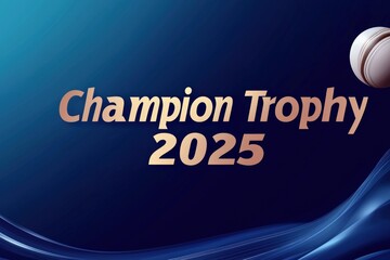 Minimalist "Champion Trophy 2025" text with a smooth dark blue background and cricket bat and ball