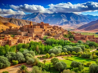 Obraz premium Panoramic Atlas Mountains Morocco: Lush Valley, Rock Village near Ouarzazate