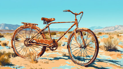 Fototapeta premium Rusty vintage bicycle abandoned in mountainous desert. Sands of Forgotten Ages. Illustration