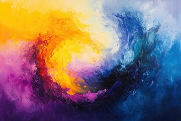 Fototapeta premium Abstract painting with vibrant yellow, purple, and blue hues swirling in a dynamic composition.