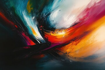 Abstract painting with vibrant swirls of teal, orange, red, and white, creating a dynamic and energetic composition.