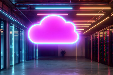 Neon cloud server room; data storage