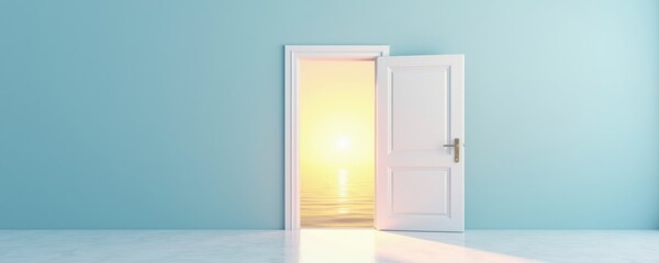 A serene open door leads to a vibrant sunset, symbolizing opportunity, hope, and new beginnings in a calm, modern space. Perfect for inspirational and motivational themes.
