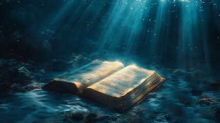 Sunbeams illuminate submerged ancient book on ocean floor. Sands of Forgotten Ages. Illustration