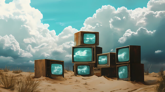 Stack of vintage tvs in desert landscape under a cloudy sky. Sands of Forgotten Ages. Illustration