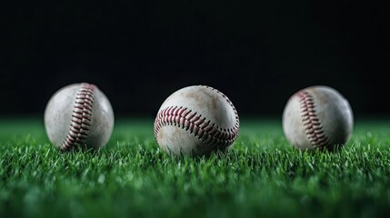 Three Baseballs On Green Grass Field