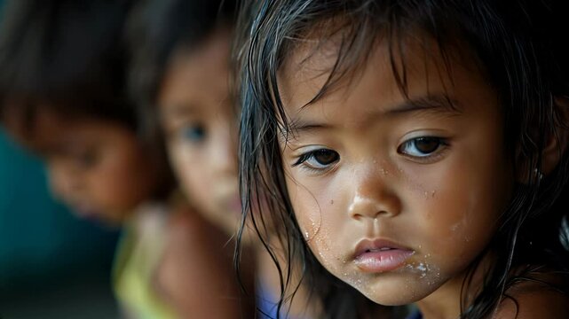 Hungry, starving, poor little children  looking at the camera