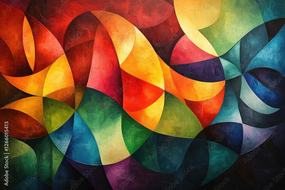 Poster abstract art showcasing vibrant, multicolored geometric shapes in a dynamic, flowing composition.