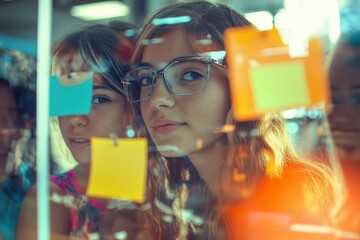 Young Girls Engaged in Creative Brainstorming Session with Sticky Notes