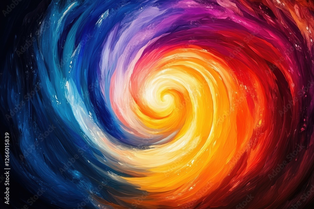 Poster a vibrant, swirling abstract painting with cool blues transitioning to warm oranges and reds, creati