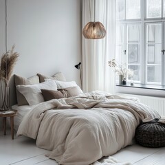Calming bedroom interior with neutral tones and soft lighting