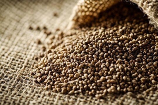 pile of celery seeds on rustic burlap cloth, with emphasis on the interplay between the seed color and fabric texture