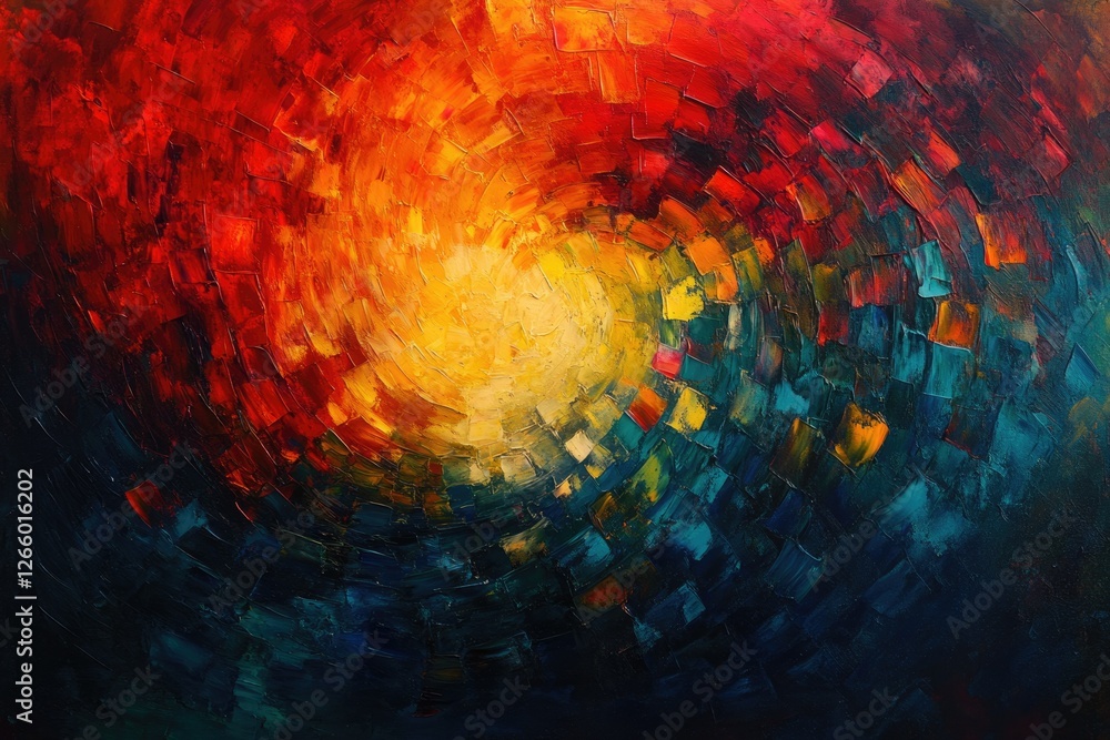 Poster abstract painting with swirling colors transitioning from fiery reds and oranges to cool blues and g