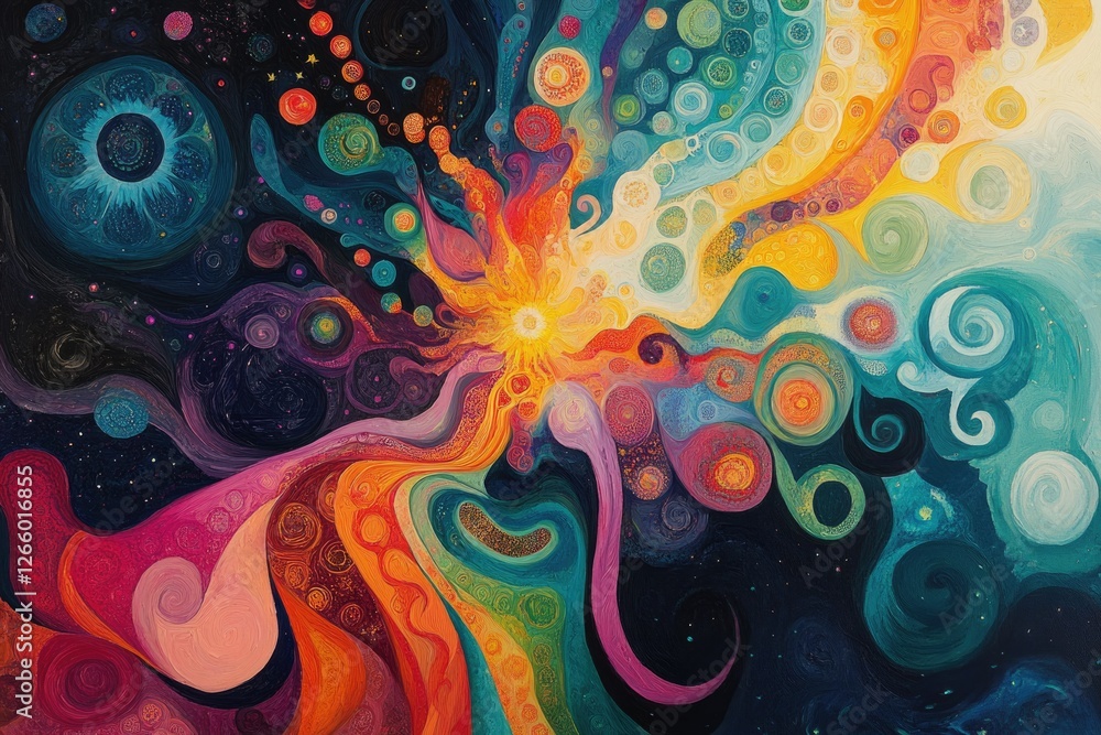 Poster vibrant cosmic explosion of colors and swirling patterns, evoking a sense of boundless energy and cr