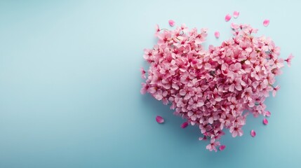 Fototapeta premium heart shape made of pink cherry blossoms on a pastel background, symbolizing love and romance for Valentine's Day or Mother's Day greeting cards. Copy space.