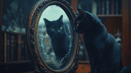 A black cat looks at its surroundings in an antique round mirror, in the background there are old books on the shelves