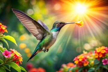 Fototapeta premium Panoramic Hummingbird in Flight, Vibrant Nature Scene, Wildlife Photography