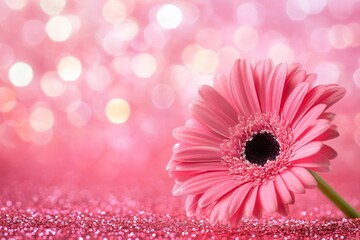 pink flower on a pink glittery background with a bokeh effect, The image is blurred, with a soft focus and a dreamy