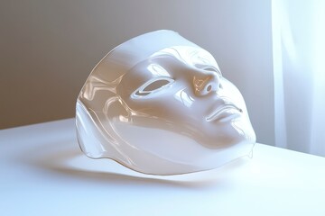 Fototapeta premium Glossy White Mask Displayed on Table with Soft Natural Light
